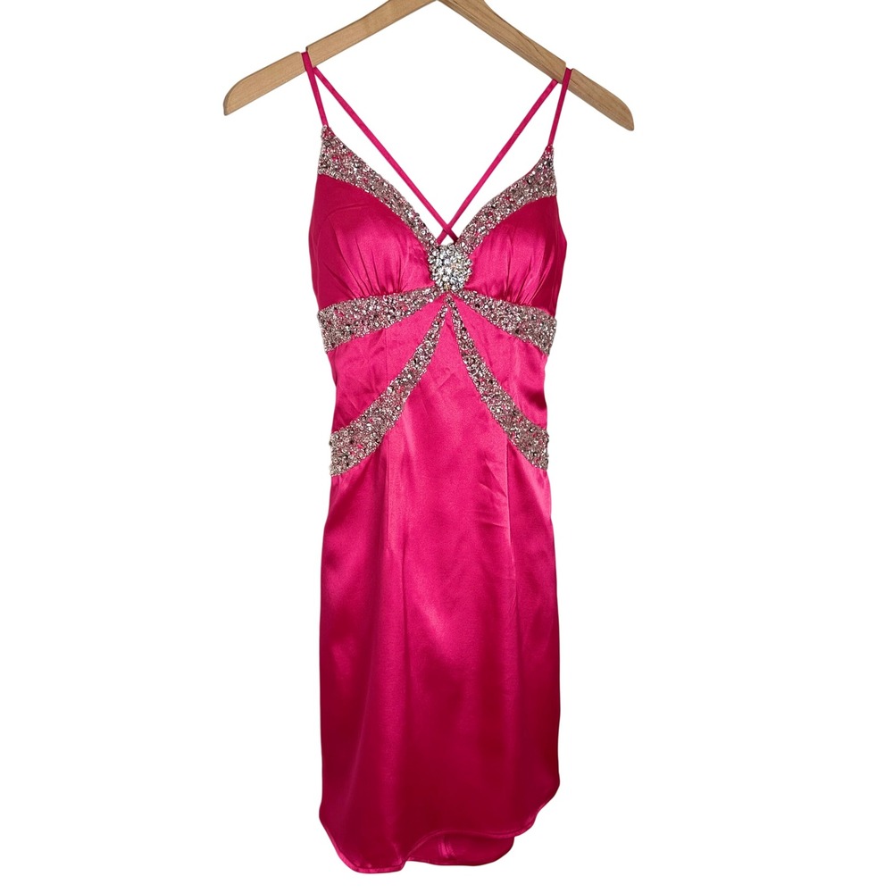 Y2K Hot Pink Satin Dress Sequin Mini Cocktail Homecoming Barbie HOCO 90s party